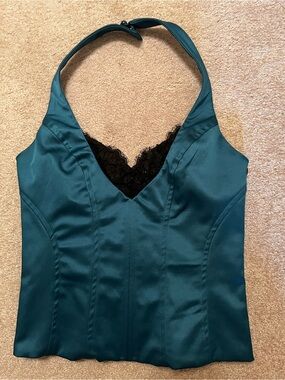 bebe Vintage Teal Halter Top with Black Lace Trim